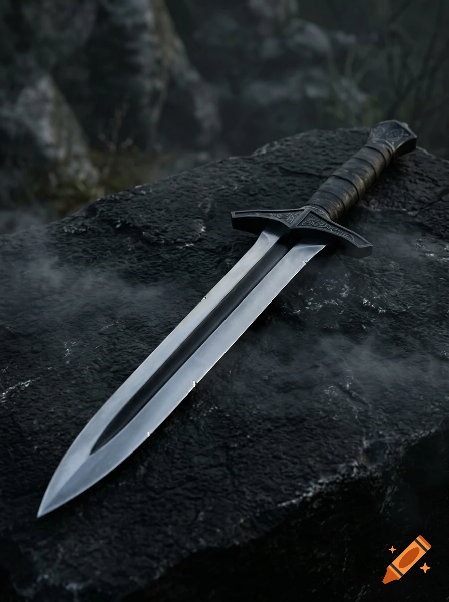Close-up photorealistic shot of a medieval dagger resting on a dark stone surface.