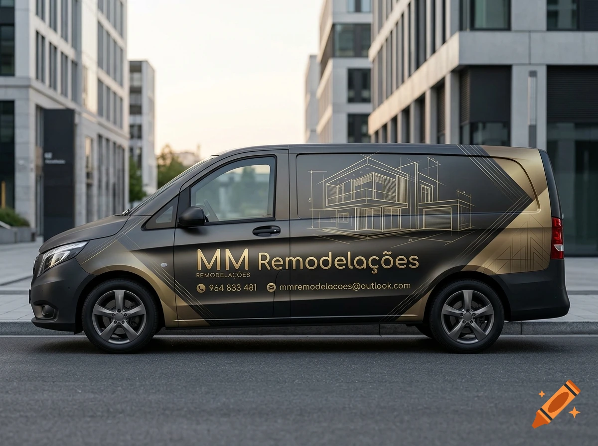 Photorealistic side view of a dark grey delivery van parked on a city street, featuring gold architectural sketches and the text MM Remodelações.