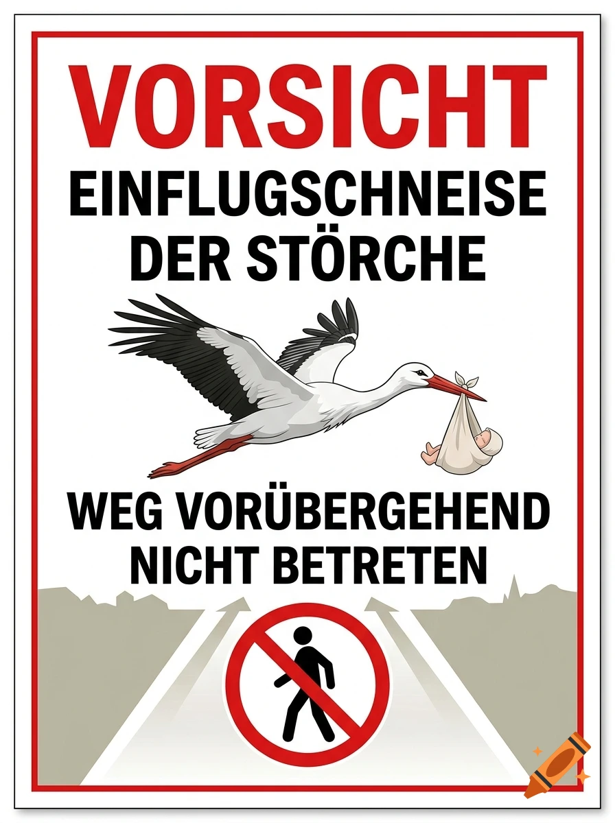 German warning sign with a stork carrying a baby and a no pedestrian symbol.