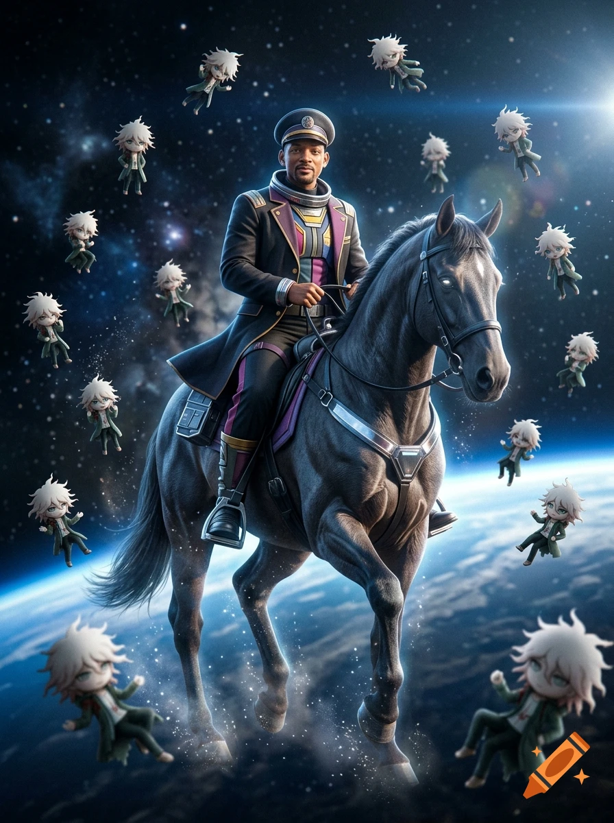 Will Smith dressed as Kaito Momota riding a black horse in space, surrounded by floating miniature figures of Nagito Komaeda, photorealistic style.
