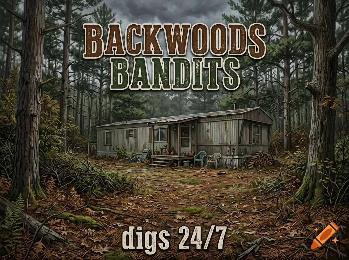 An illustration of an old double-wide mobile home nestled in a pine forest with heavy leaf litter on the ground and text overhead.