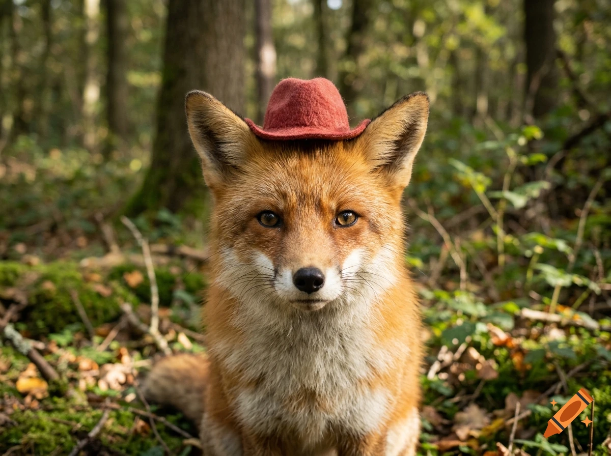 Close-up photorealistic image of a red fox wearing a small red hat in a forest.