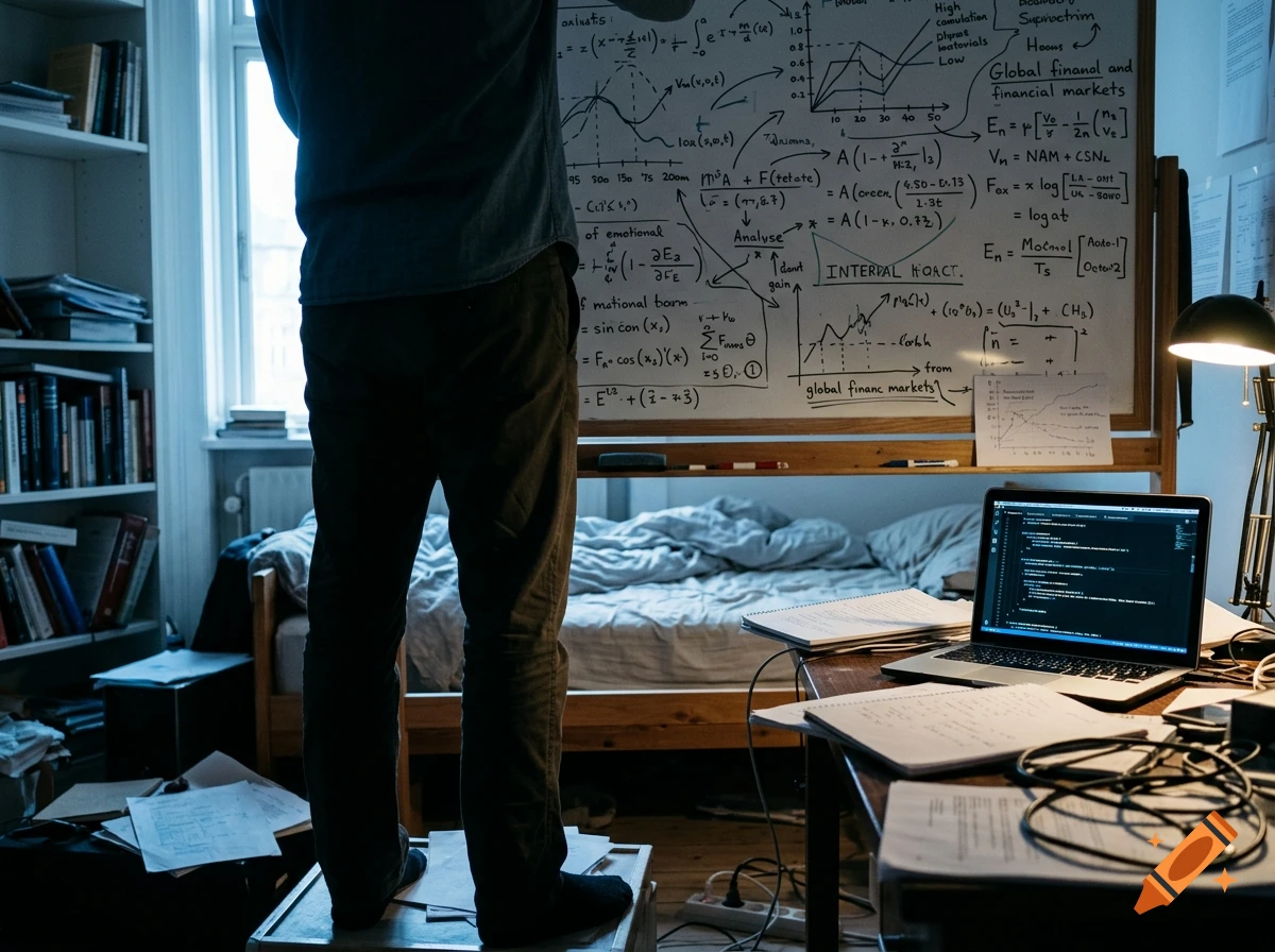 Photorealistic scene of a scientist from behind standing on a box, looking at a whiteboard covered in equations, with a laptop displaying code on a desk.