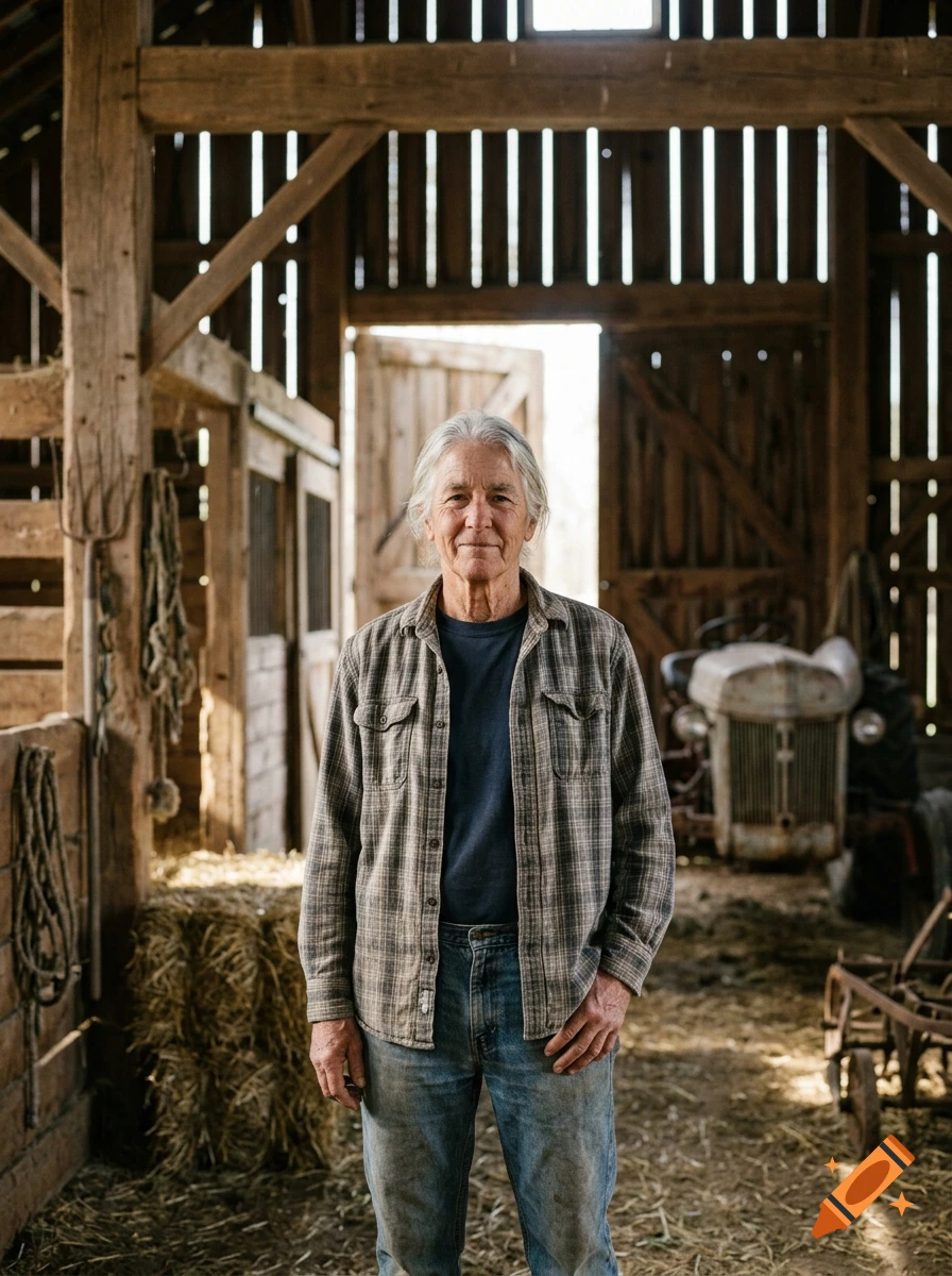 Photorealistic portrait of an older person with graying hair standing inside a rustic wooden barn.