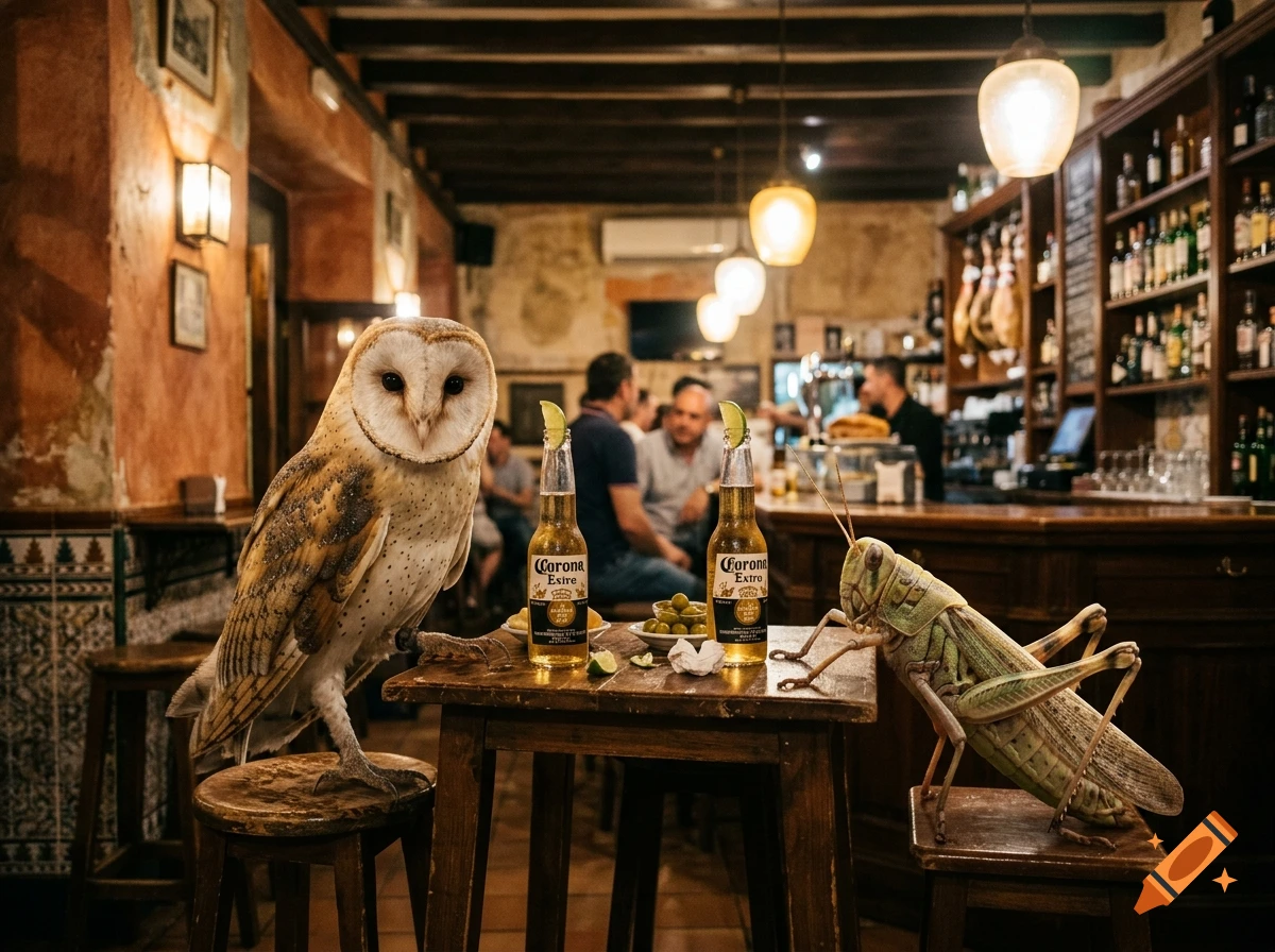 Photorealistic image of a barn owl and a giant grasshopper sitting at a table in a Spanish bar, drinking Corona beer.