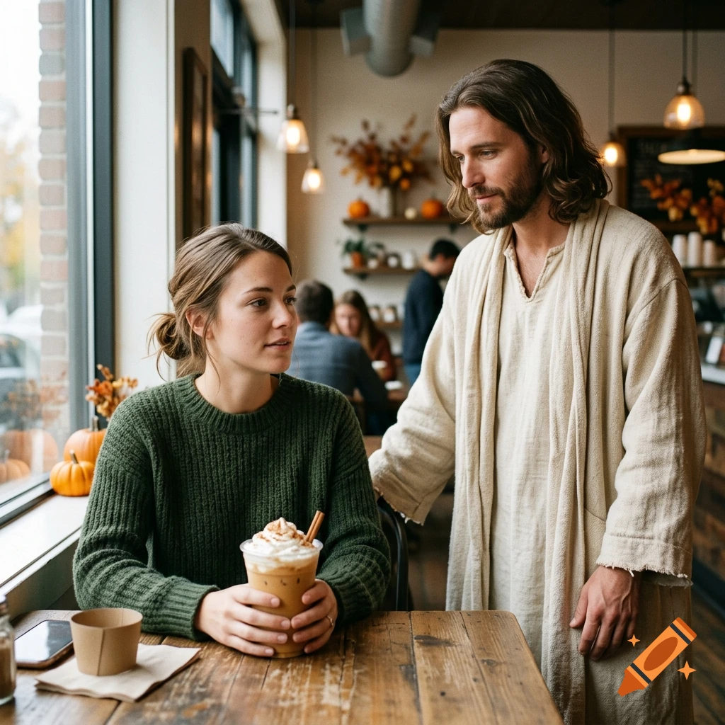 Photorealistic image of a young woman holding a pumpkin spice latte in a cafe, with Jesus standing beside her.