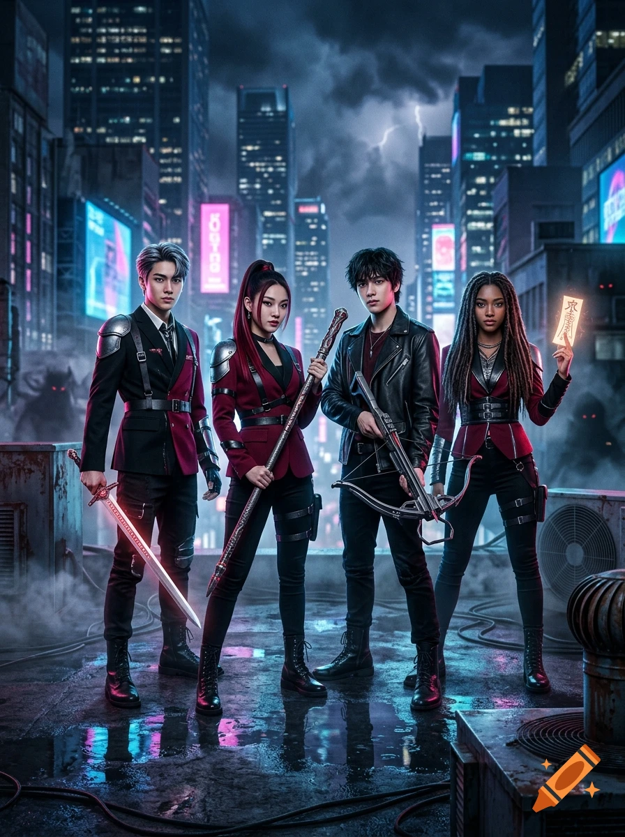 Four K-pop inspired demon hunters holding weapons on a rooftop in a neon-lit cyberpunk city at night, photorealistic style.