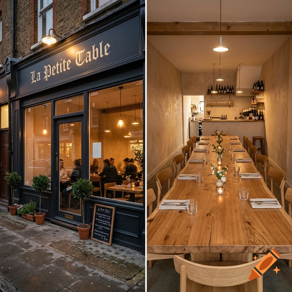 Split image showing the dark storefront of 'La Petite Table' restaurant and its warm interior with a long wooden dining table.