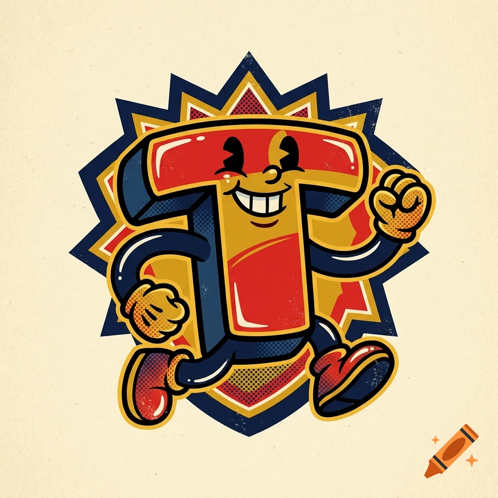 A vintage 1930s rubberhose animation style logo featuring a smiling capital letter T running with arms and legs.
