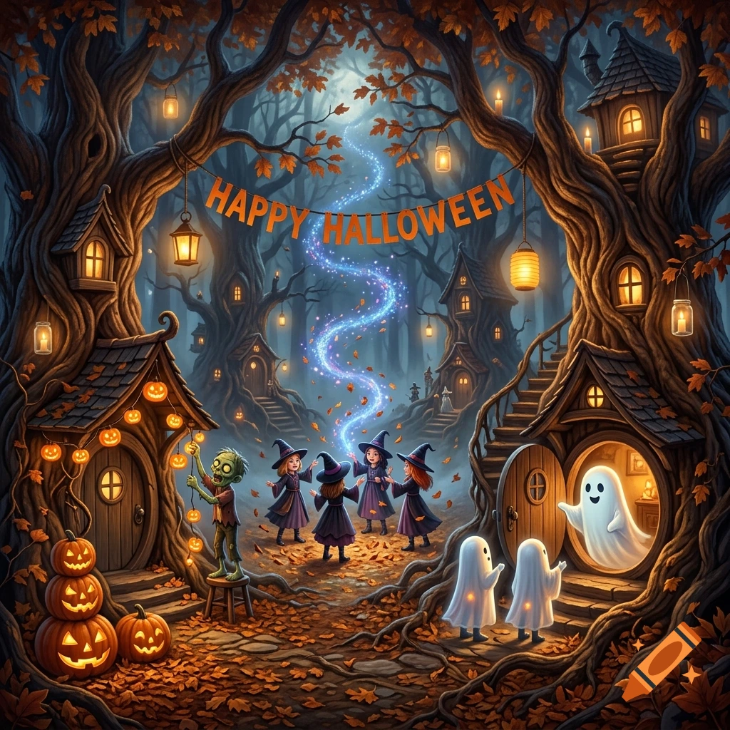 A whimsical Halloween village in an enchanted autumn forest with little witches, ghosts, and a banner reading Happy Halloween.