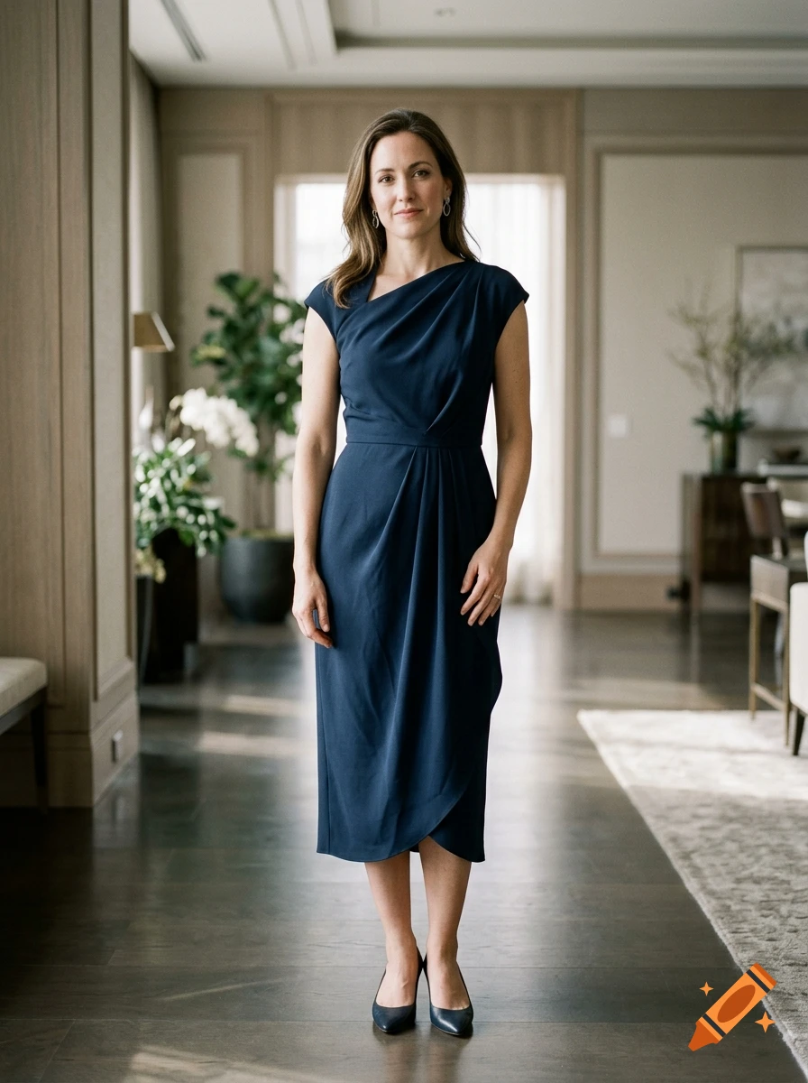 Photorealistic full-length portrait of an elegant woman in a dark blue dress standing in a luxury hallway.