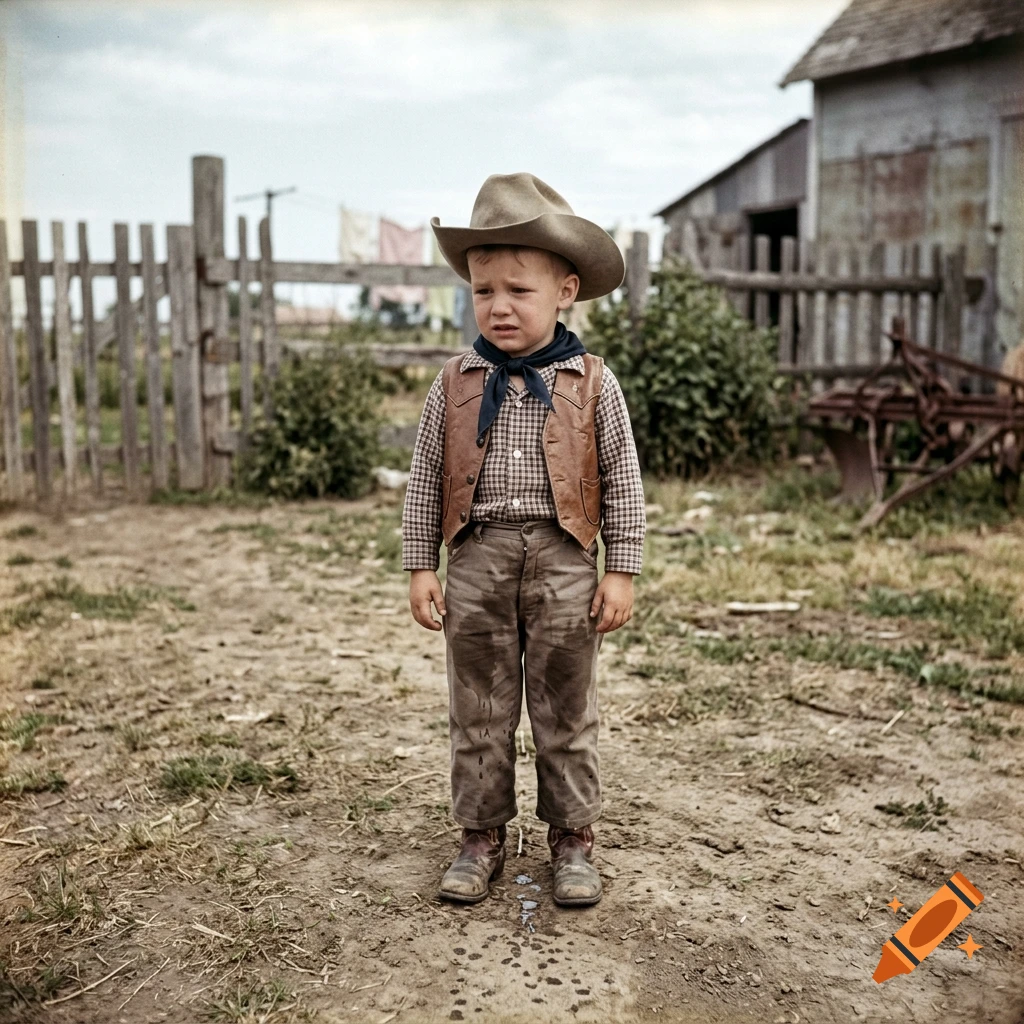 Vintage 1950s color photograph of a sad young boy in a cowboy costume standing on dirt outside a wooden fence.