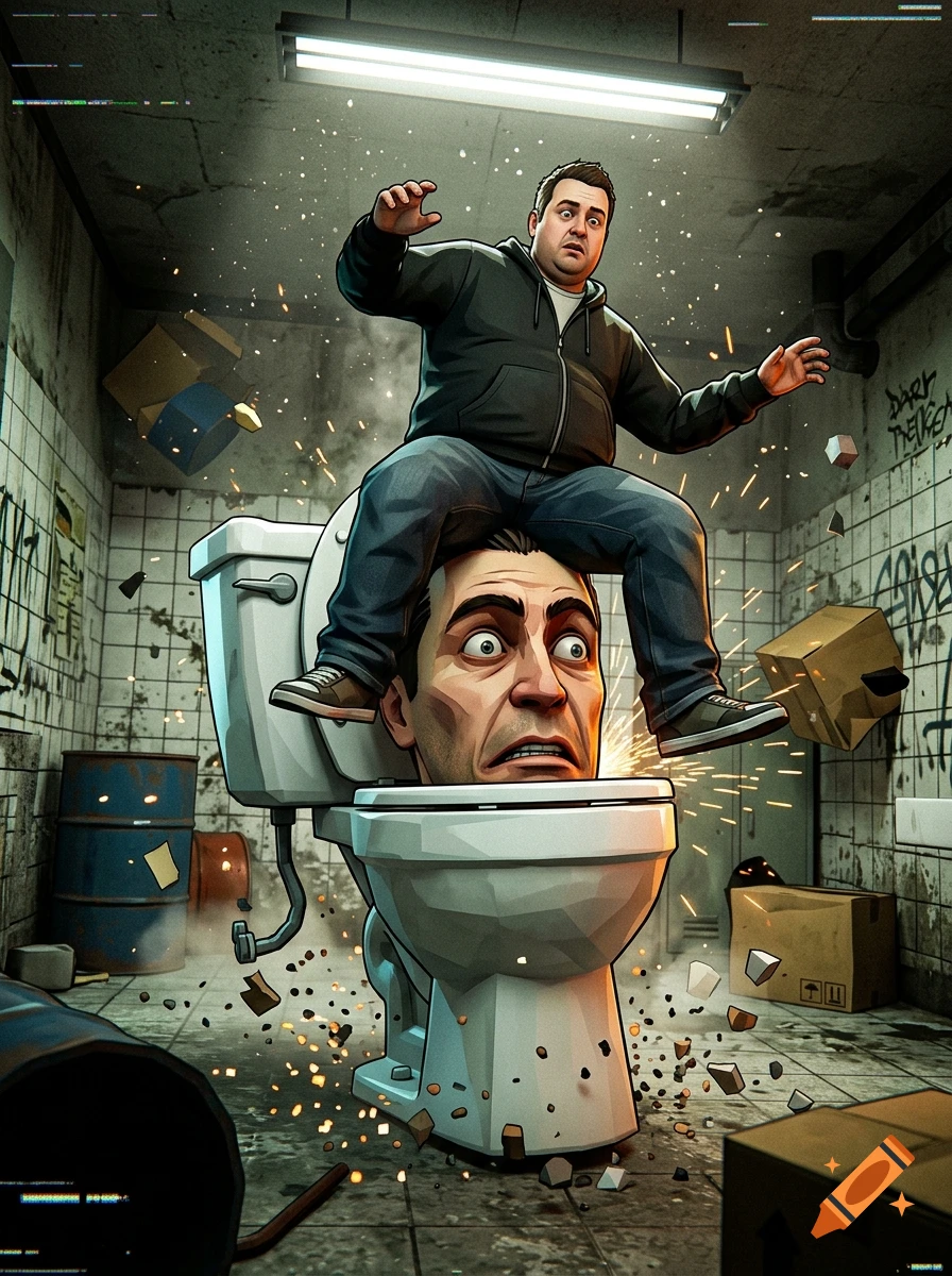 Comic style illustration of a man sitting on a giant head coming out of a toilet in a grimy basement.