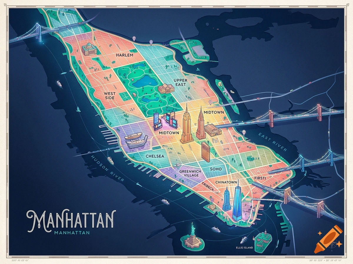 Isometric illustrated map of Manhattan with neighborhood labels, bridges, and surrounding water in a stylized aesthetic.