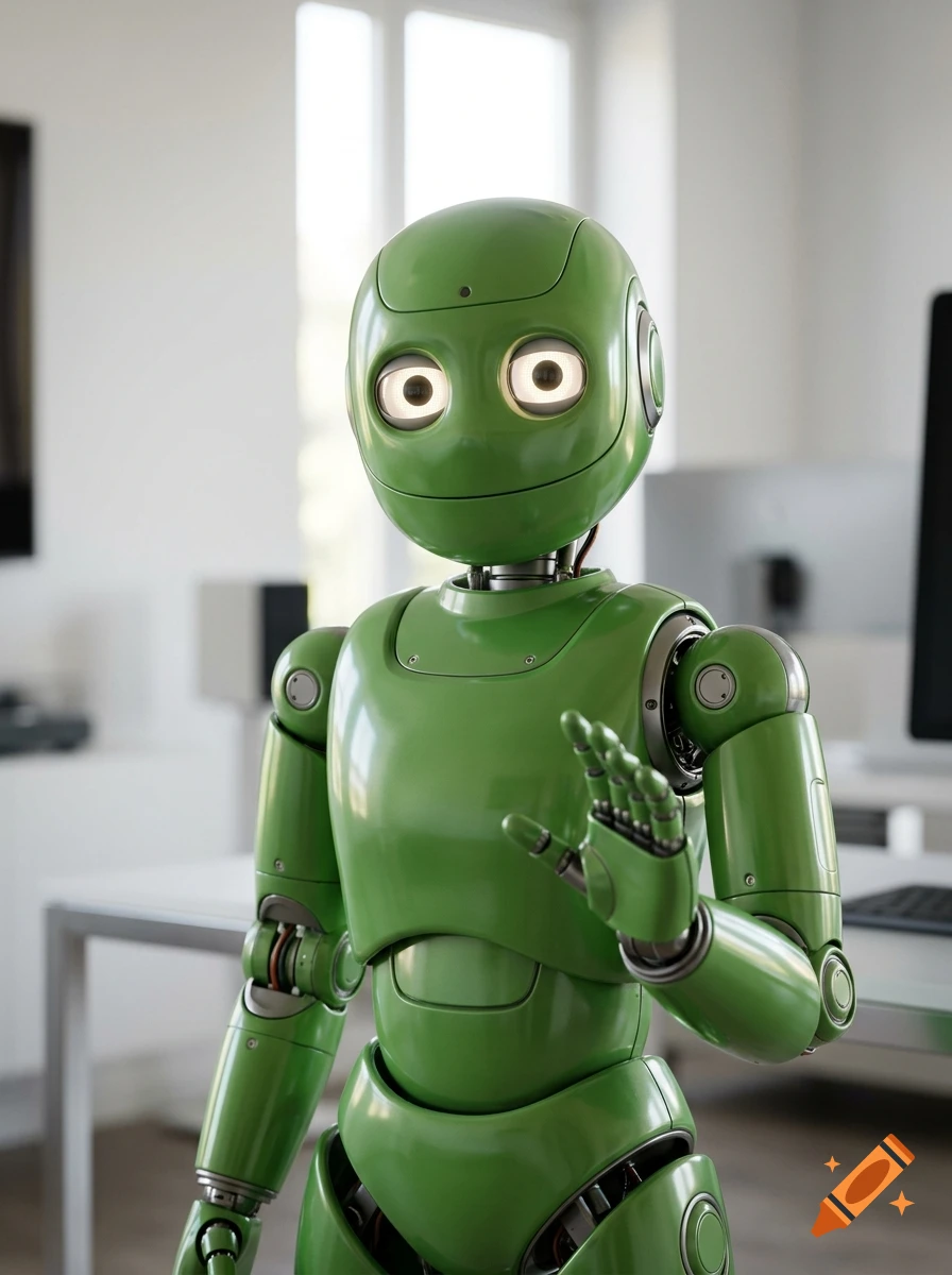 A friendly green robotic figure with big expressive eyes gesturing in a bright indoor room, photorealistic 3D render.