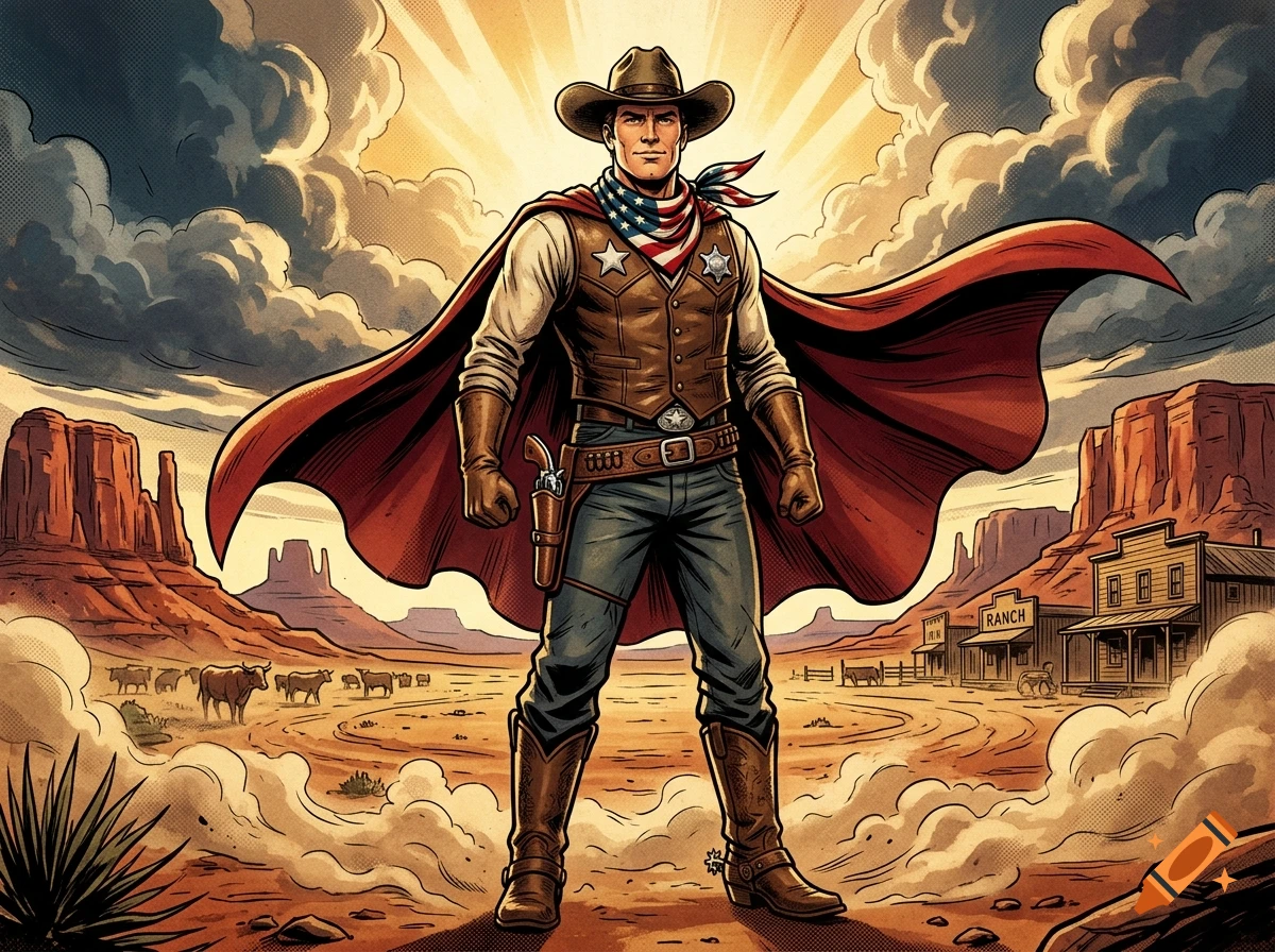 Comic book style illustration of a 1940s cowboy superhero with an American flag scarf and a red cape standing in a desert town.