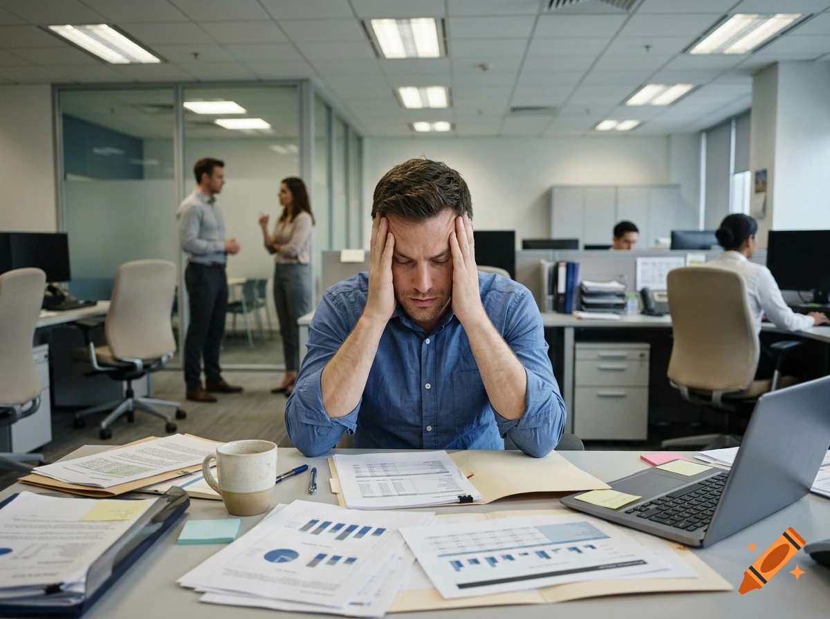 An office worker holds his head in his hands, looking stressed at a desk with documents and a laptop, in a busy modern office.