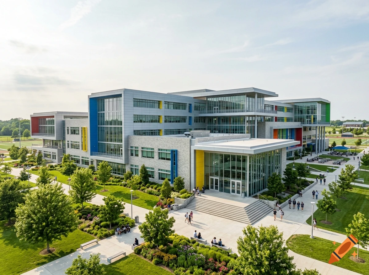 Photorealistic aerial view of a modern, large school building with colorful accents, glass windows, and students walking on pathways.