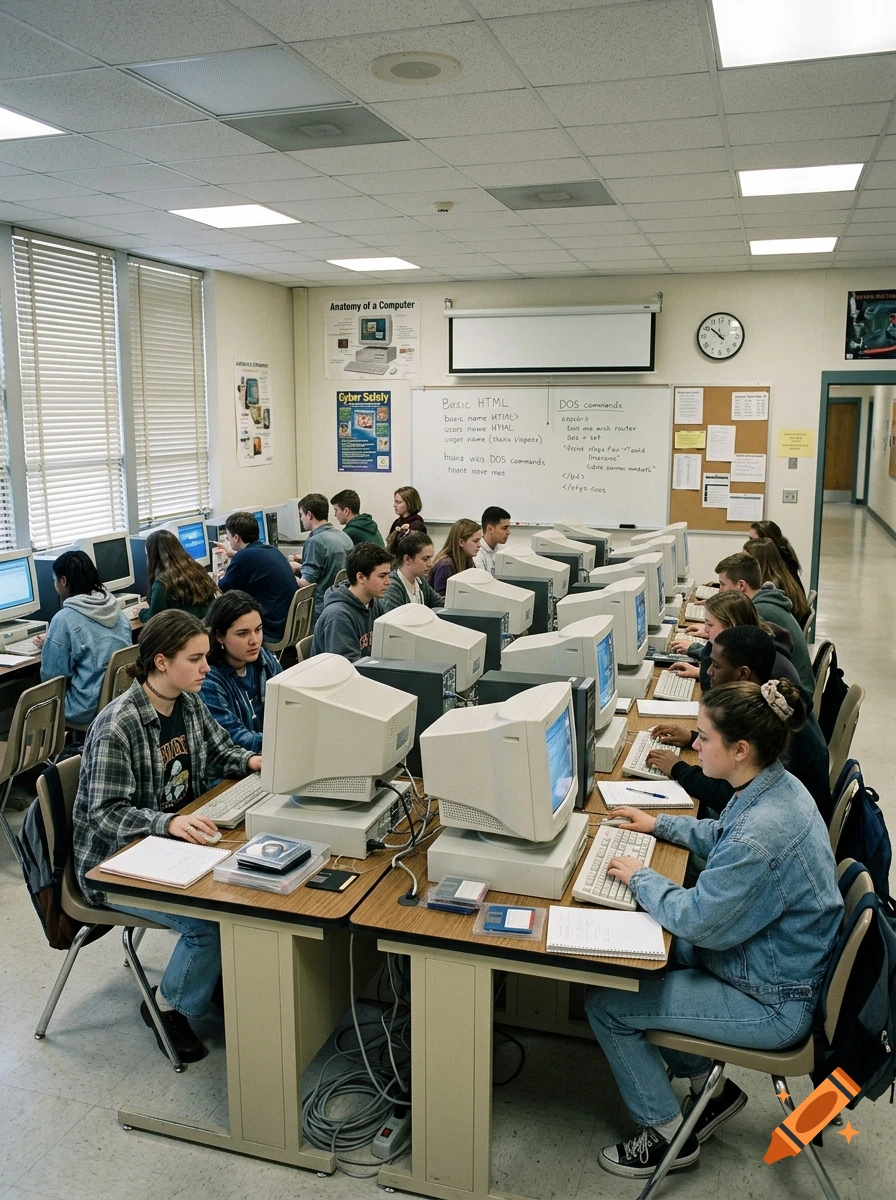 Students working at desktop computers in a 1990s IT classroom.