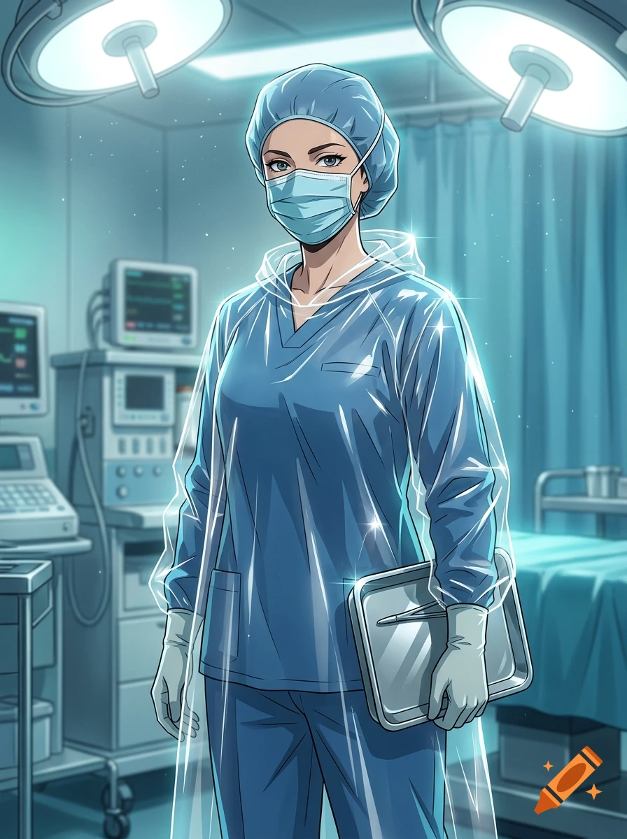 Anime style illustration of a female surgeon in scrubs and a clear poncho inside an operating room holding a medical tray.