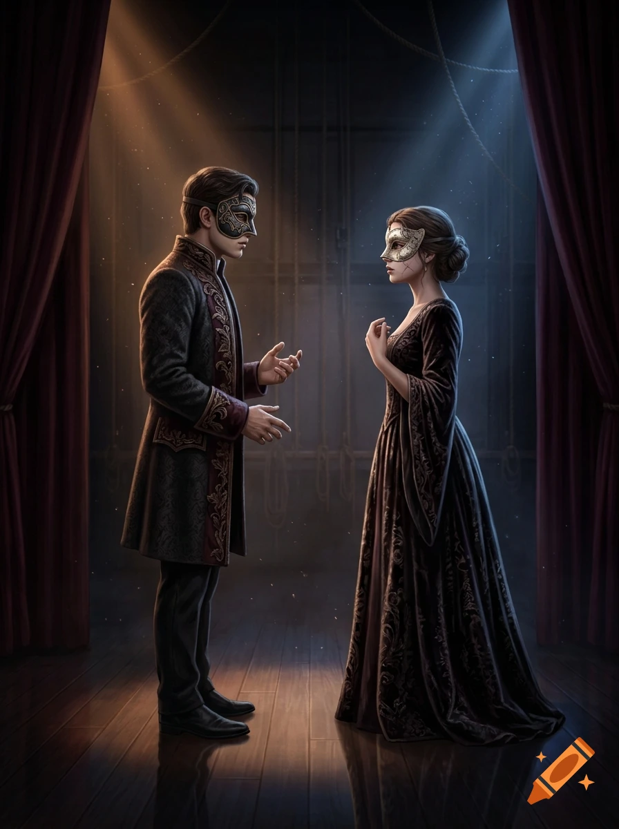 A man and woman wearing ornate masquerade masks face each other on a theatrical stage framed by red curtains.