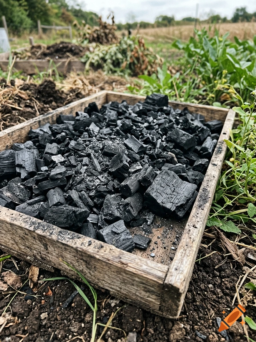 A wooden tray filled with pieces of black biochar sitting in a garden.