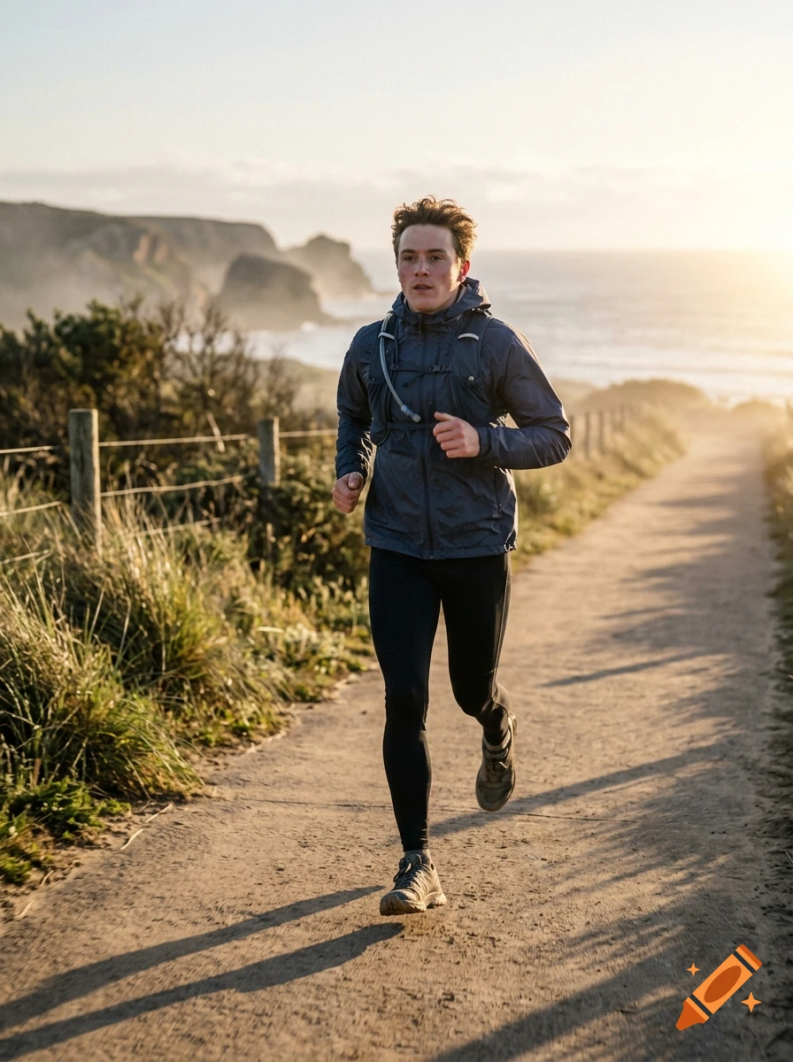A young man running on a coastal dirt path during sunset, wearing a blue jacket and black leggings.