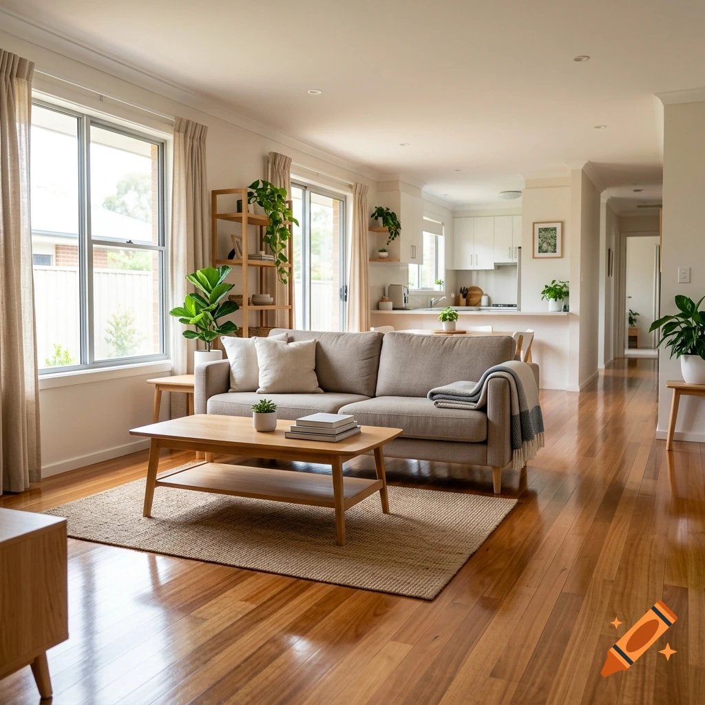 Photorealistic modern living room with a beige sofa, wooden coffee table, hardwood floors, and large windows.