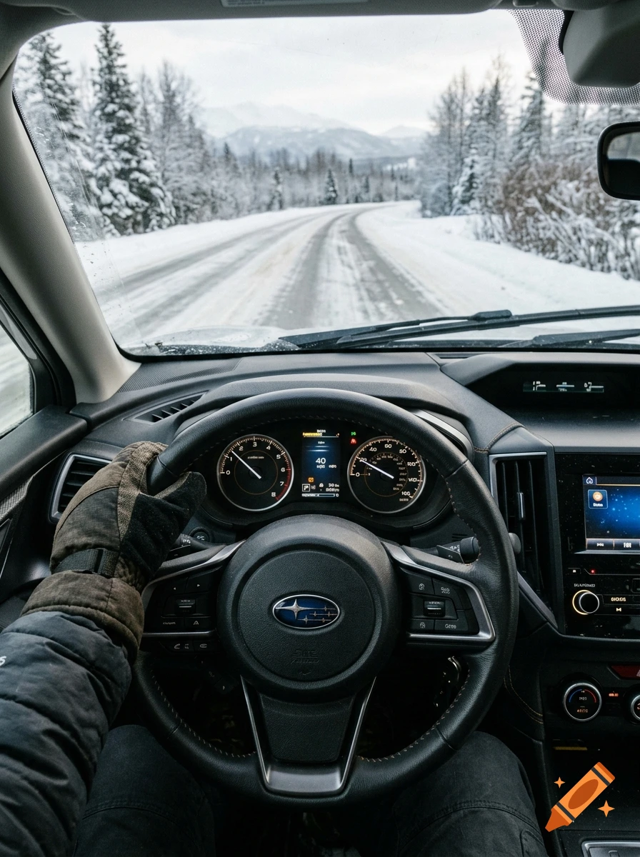 Photorealistic driver's perspective inside a car with winter gear, looking out at a snowy mountain road.