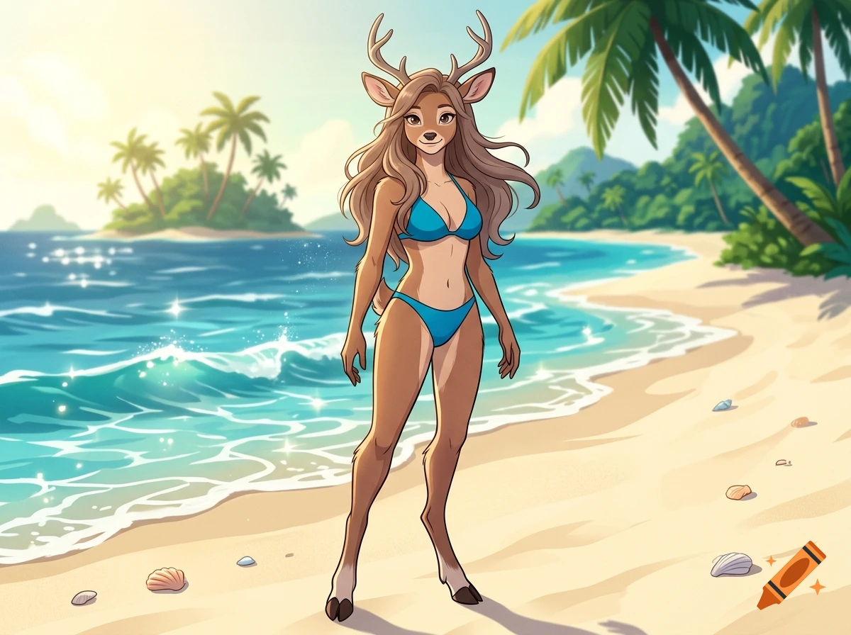 Anthro deer woman in a blue bikini standing on a tropical beach, animation style.