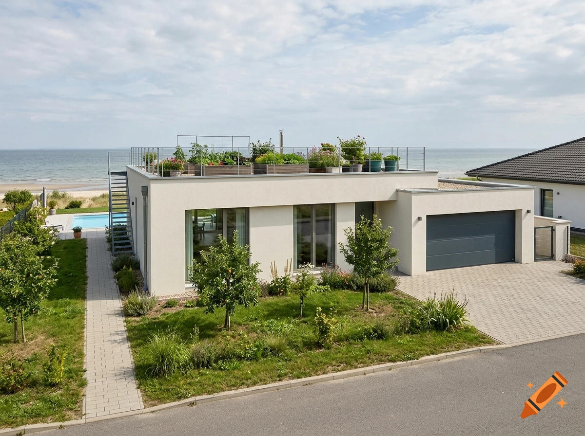 Photorealistic aerial view of a modern single-story house with a rooftop garden, a swimming pool, and a view of the sea in the background.