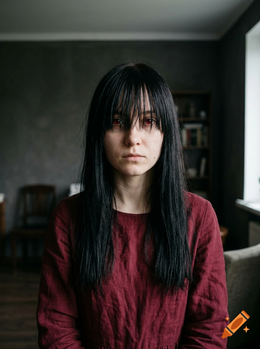 Photorealistic portrait of a small girl with black bangs, red eyes, and a red wine dress in a room.