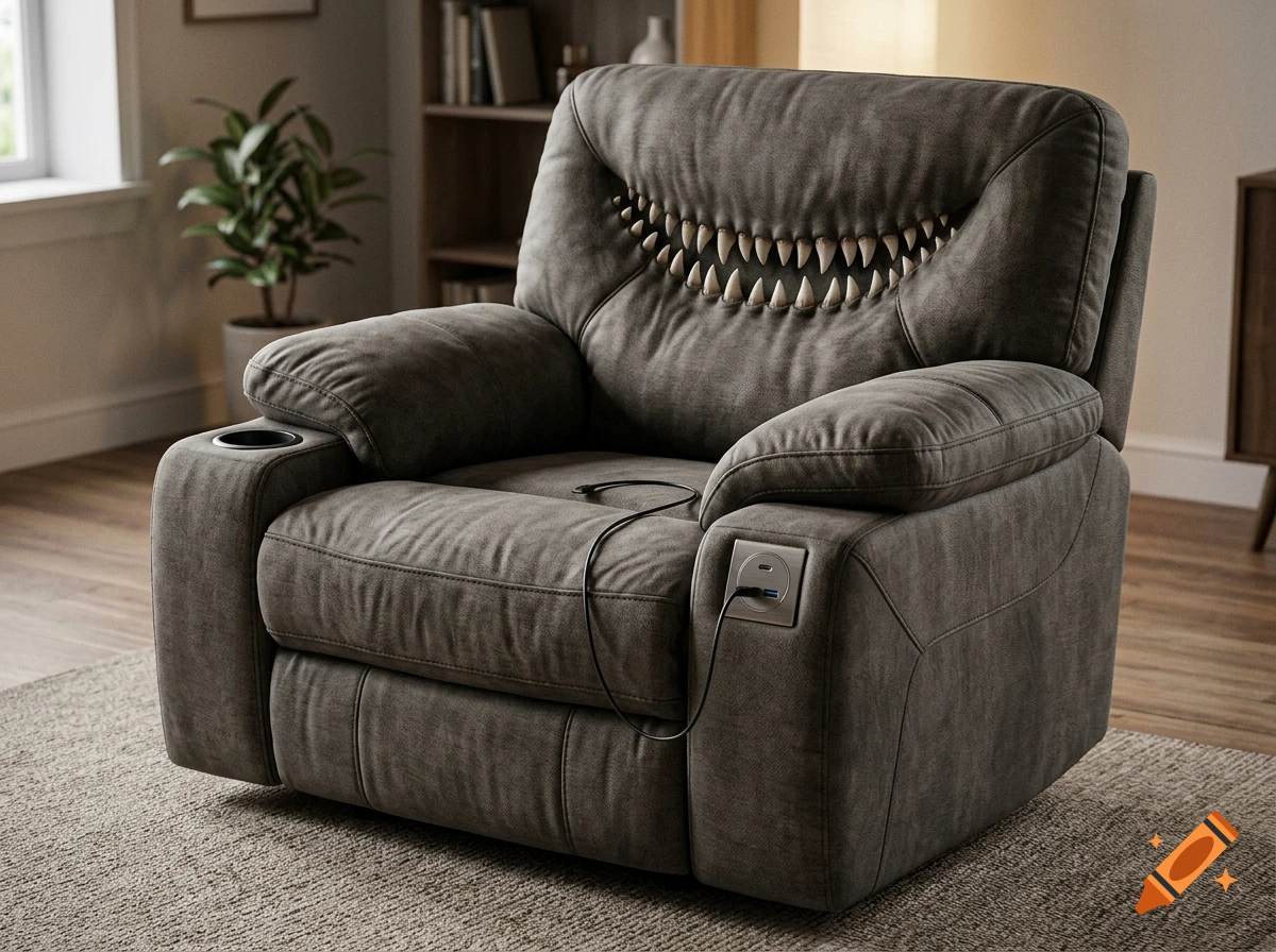 Photorealistic grey armchair with shark teeth lining the inside of the backrest, a built-in cup holder, and a USB charging port.