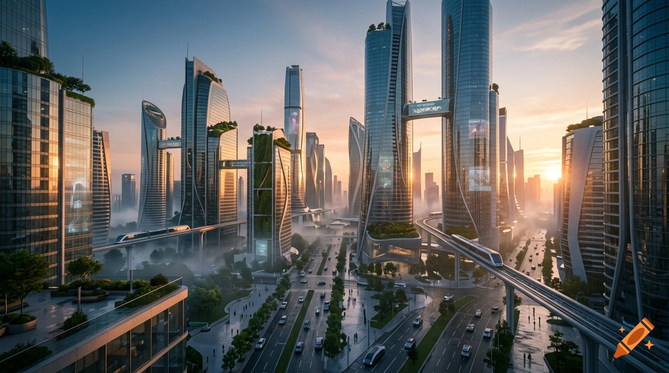 Photorealistic futuristic cityscape at sunrise featuring towering skyscrapers, flying monorails, and green rooftop gardens.