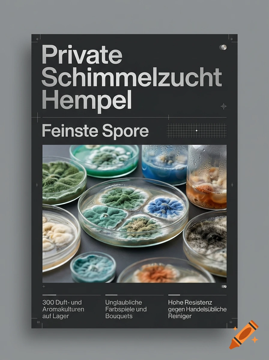 Modern dark grey poster for Private Schimmelzucht Hempel featuring petri dishes with colorful mold cultures and German text.