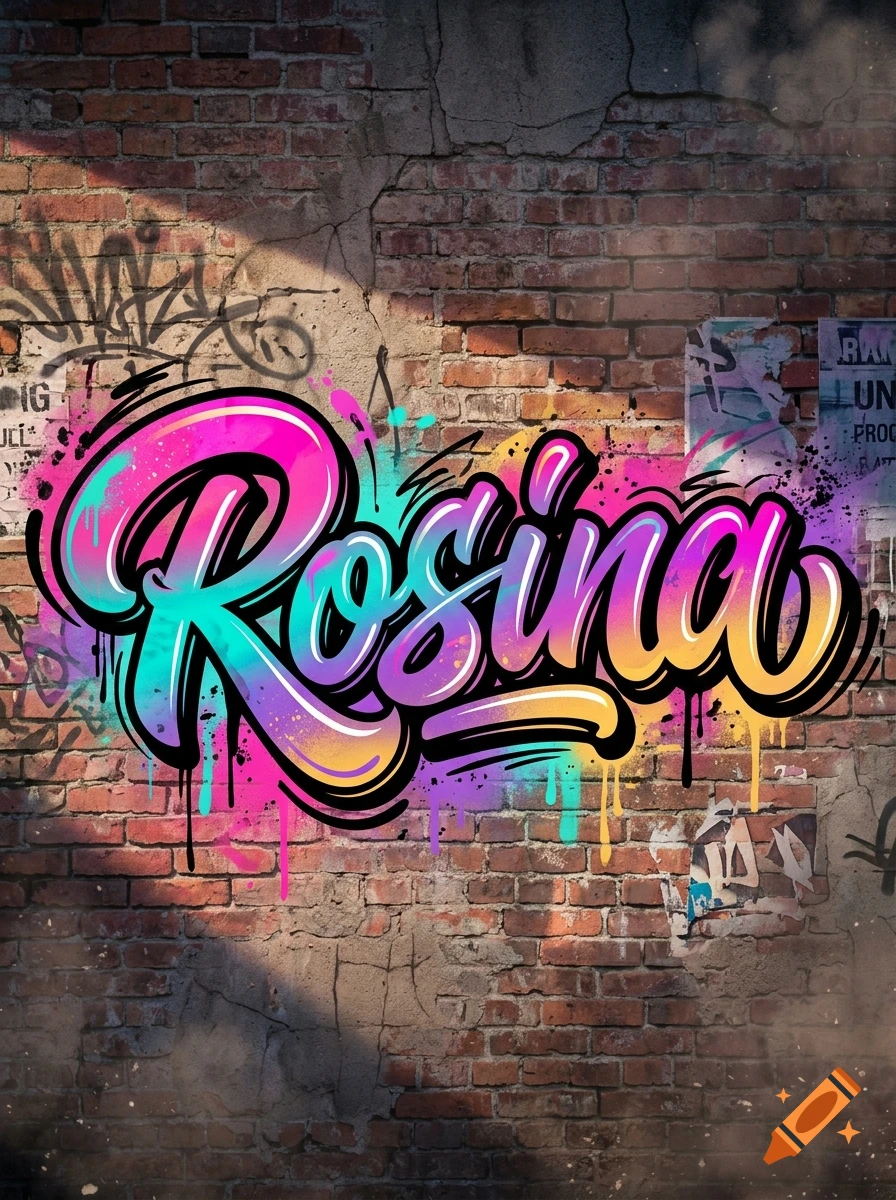 Colorful graffiti lettering spelling Rosina on a weathered brick wall.