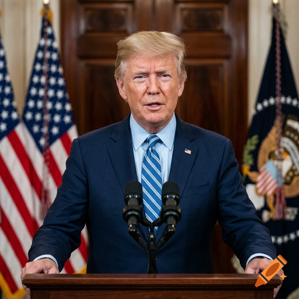 Photorealistic portrait of Donald Trump standing at a wooden podium with American flags in the background.
