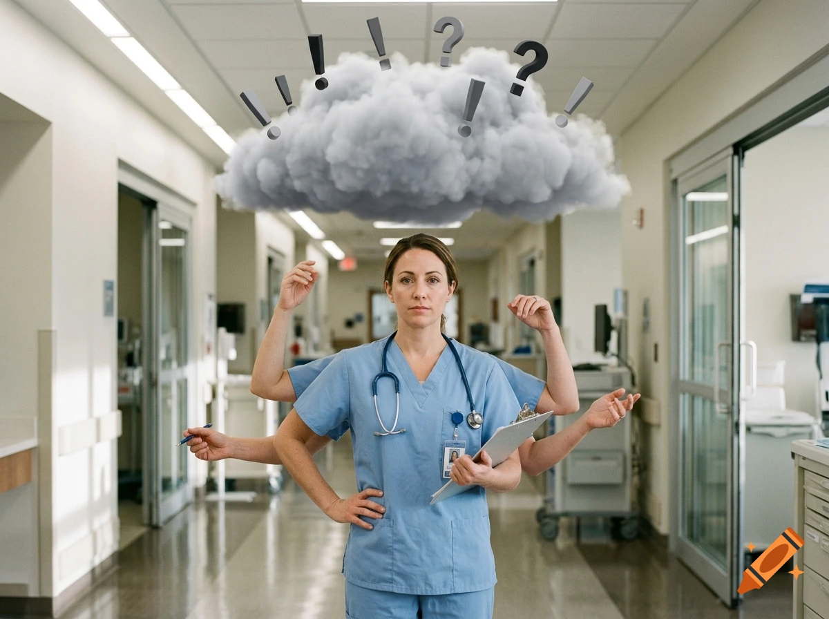 Photorealistic image of a female medical assistant with six arms in a hospital hallway, with a rain cloud and question and exclamation marks overhead.