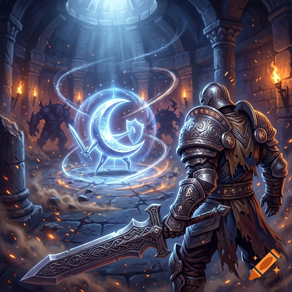 A warrior in detailed armor holding a massive sword facing a glowing crescent moon icon in a stone dungeon, fantasy digital art.