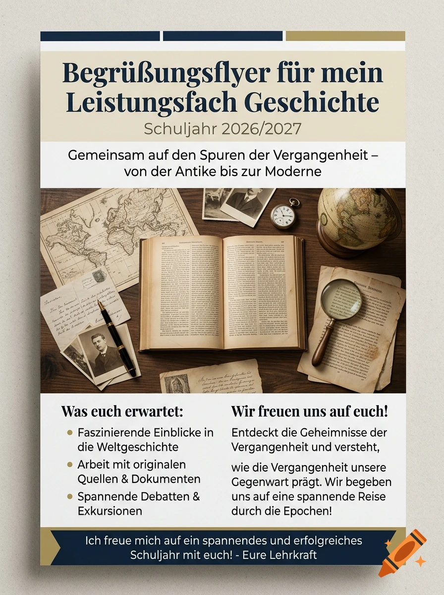 A welcome flyer for a history class featuring historical documents, an old map, a globe, and a magnifying glass.