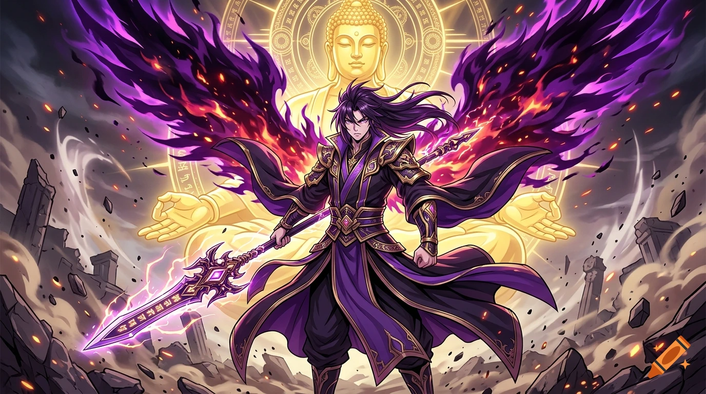 Xianxia anime style illustration of a powerful male cultivator in purple robes holding a glowing divine spear with demonic wings.
