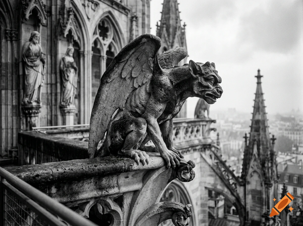Black and white photograph of a gothic stone gargoyle perched on a cathedral balcony overlooking a cityscape.