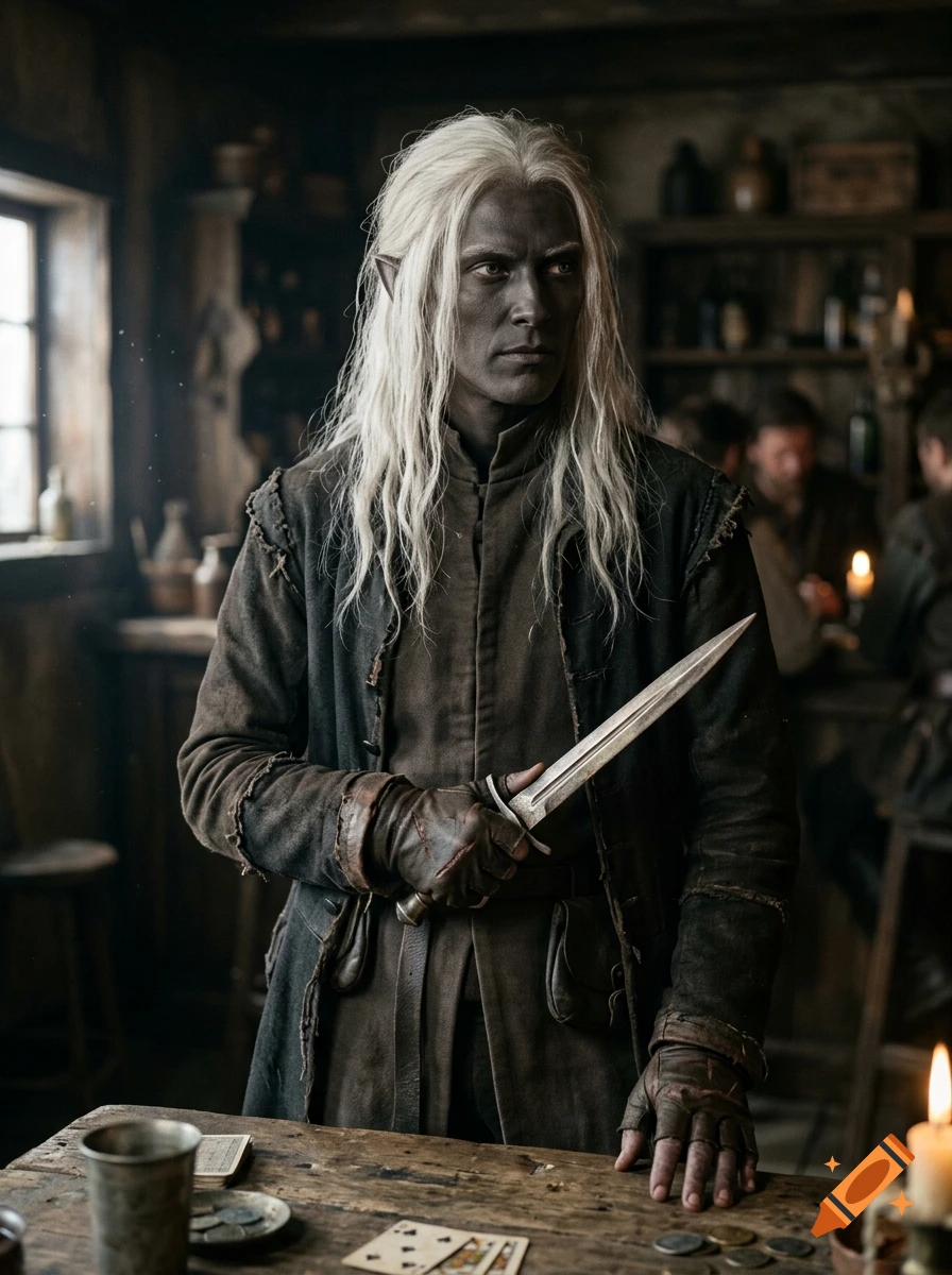 A fantasy elf character with long white hair, dark skin, and pointed ears holding a dagger inside a dimly lit tavern.