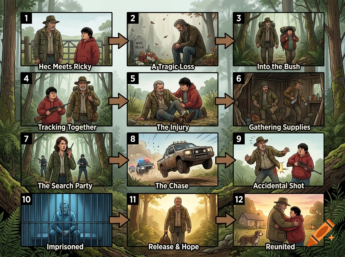 A 12-panel comic strip flowchart depicting a story about a man and a boy in the wilderness, illustrated in a graphic novel style.