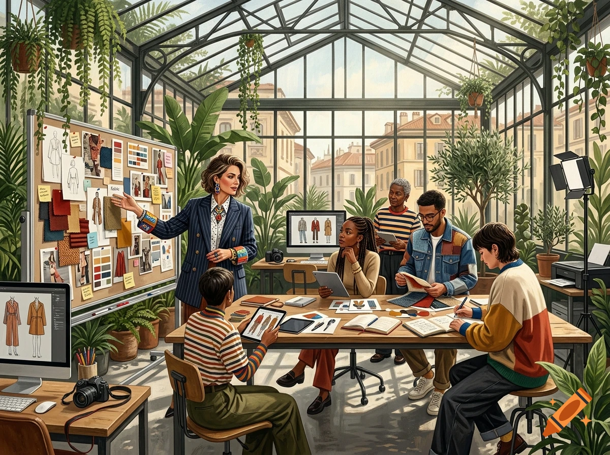 An art director presenting fashion sketches to her team in a large greenhouse filled with plants and sunlight, digital illustration style.
