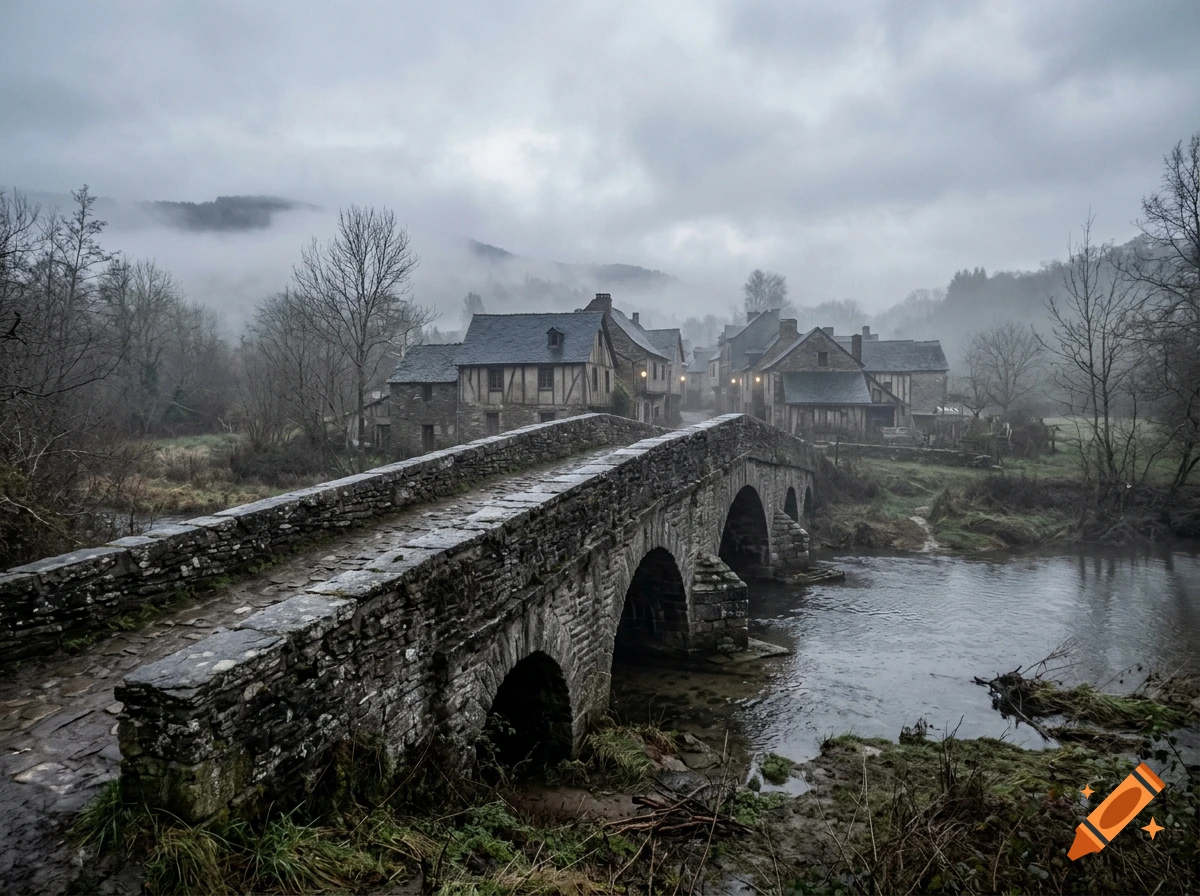 An old stone bridge leading into a gloomy, foggy medieval village with stone houses and a river.