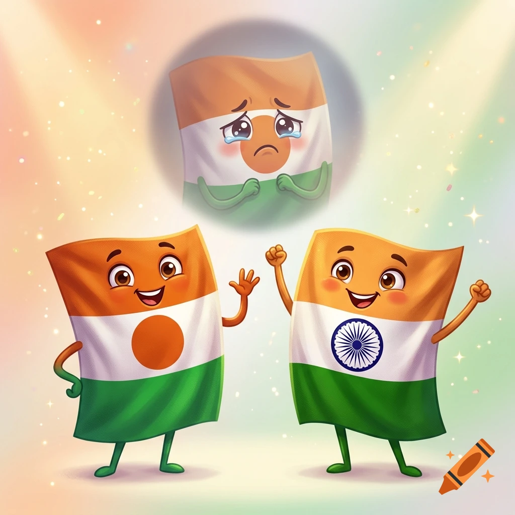 Digital illustration of two smiling flag characters representing Niger and India, with a sad crying Niger flag in the background.