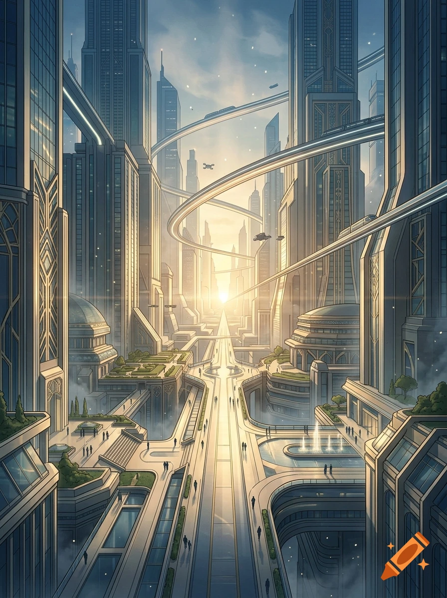 Digital illustration of a futuristic metropolis with tall skyscrapers, elevated transit lines, and a central avenue leading to a bright sunset.