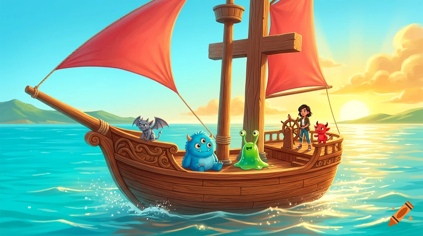 Vibrant illustration of a wooden sailing ship with red sails carrying a girl and various cute monsters on a calm sea at sunset.