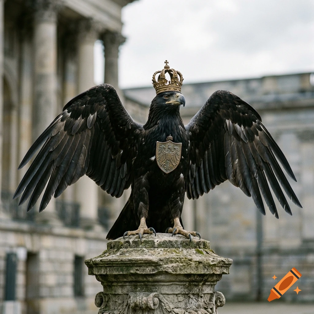 Photorealistic black eagle wearing a crown and a heraldic shield on its chest, perched on a stone pillar in front of a classical building.